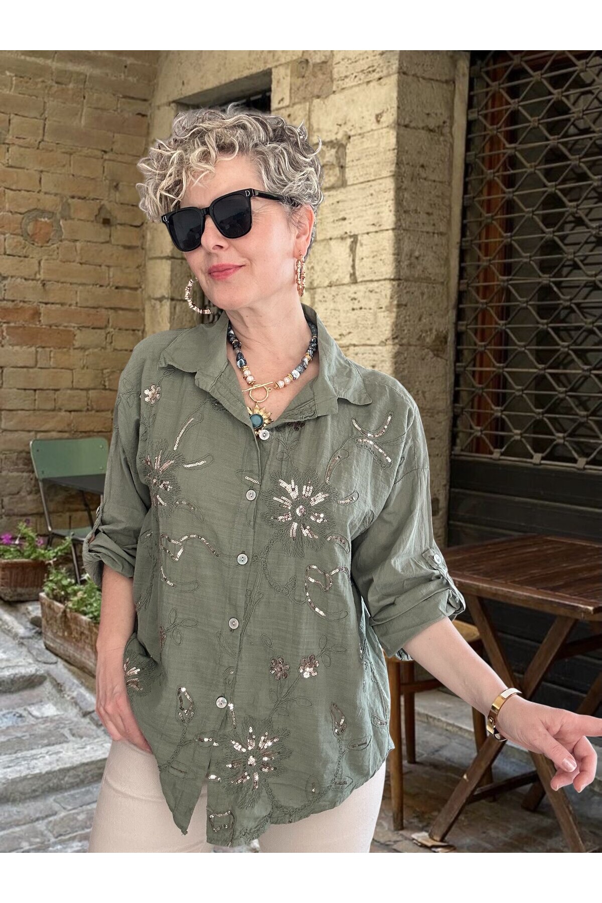 Sabbi İtalyan Payet Nakış Detaylı Gömlek Haki