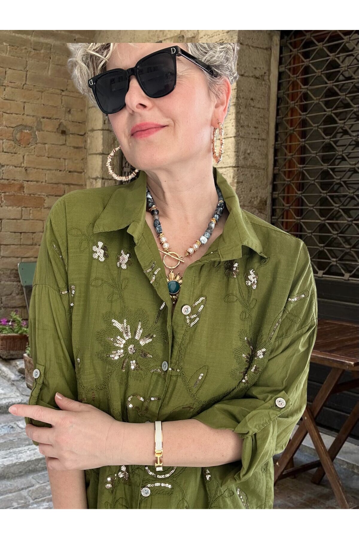 Sabbi İtalyan Payet Nakış Detaylı Gömlek Yağ Yeşil