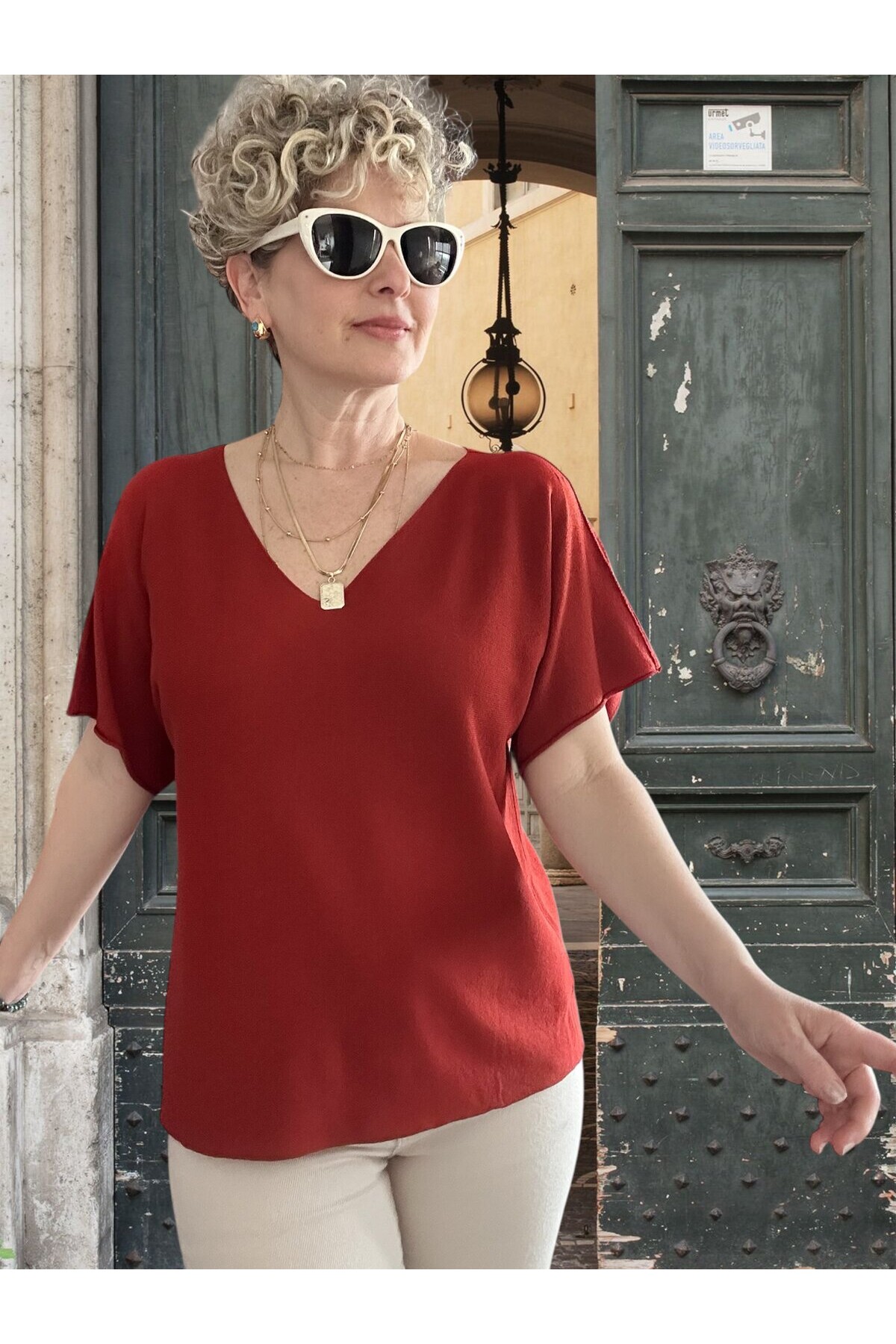 Sacci İtalyan Esintisi V Yaka Mevsimsiz Triko Bluz Kiremit