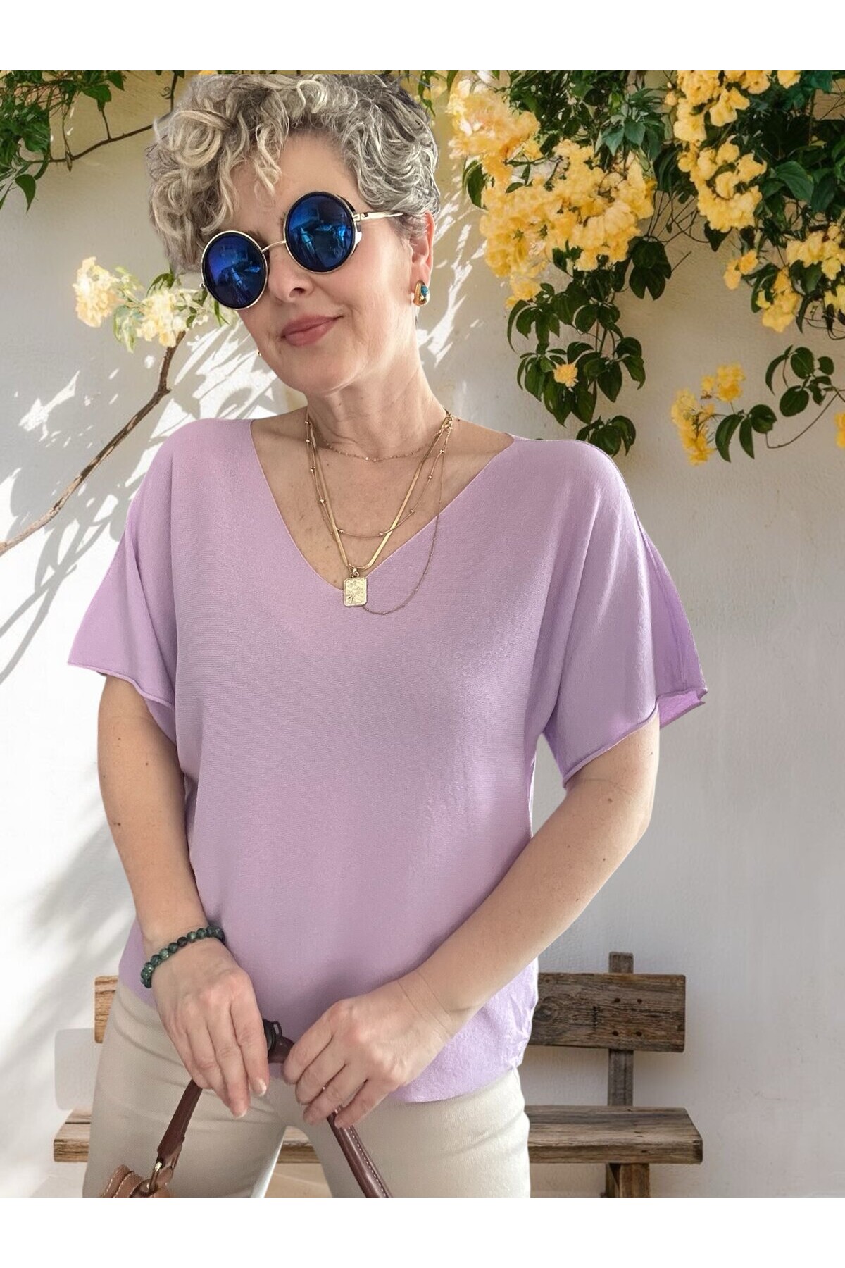Sacci İtalyan Esintisi V Yaka Mevsimsiz Triko Bluz Lila