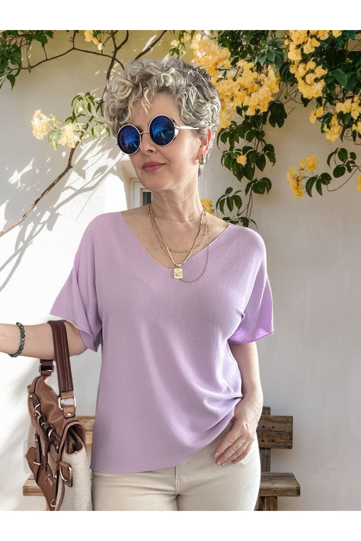 Sacci İtalyan Esintisi V Yaka Mevsimsiz Triko Bluz Lila