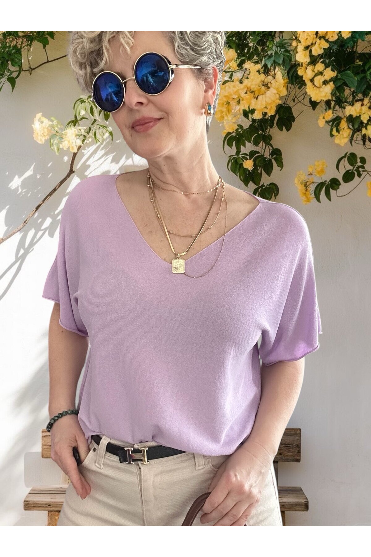 Sacci İtalyan Esintisi V Yaka Mevsimsiz Triko Bluz Lila