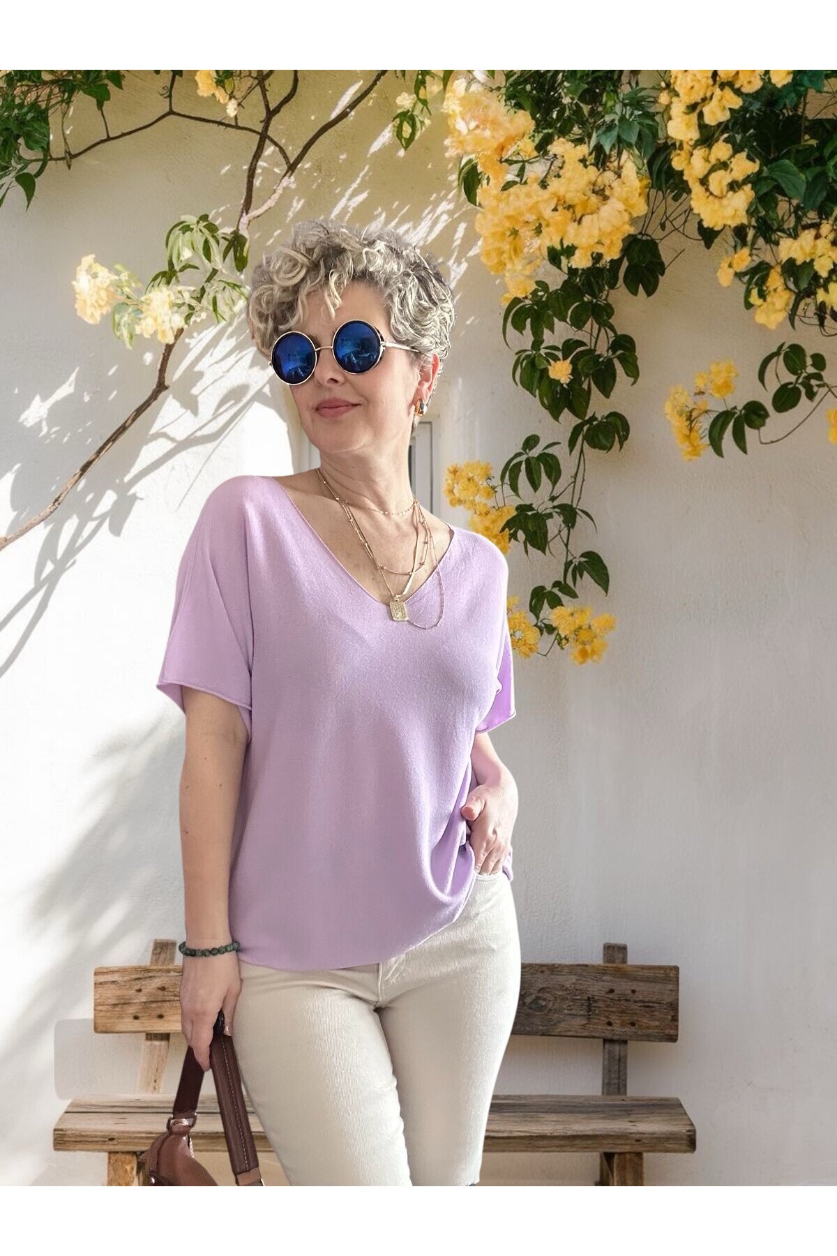 Sacci İtalyan Esintisi V Yaka Mevsimsiz Triko Bluz Lila
