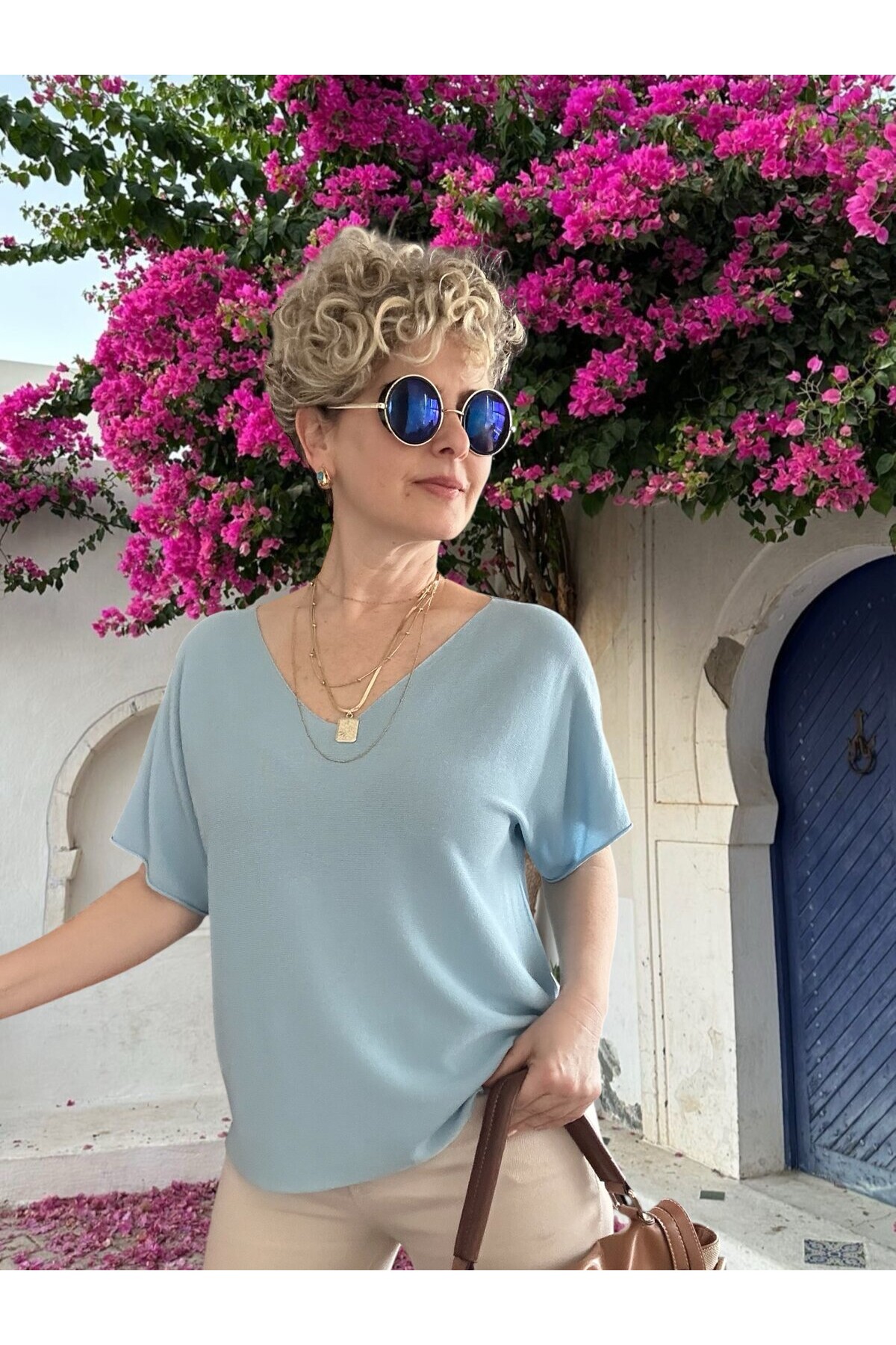 Sacci İtalyan Esintisi V Yaka Mevsimsiz Triko Bluz Mavi