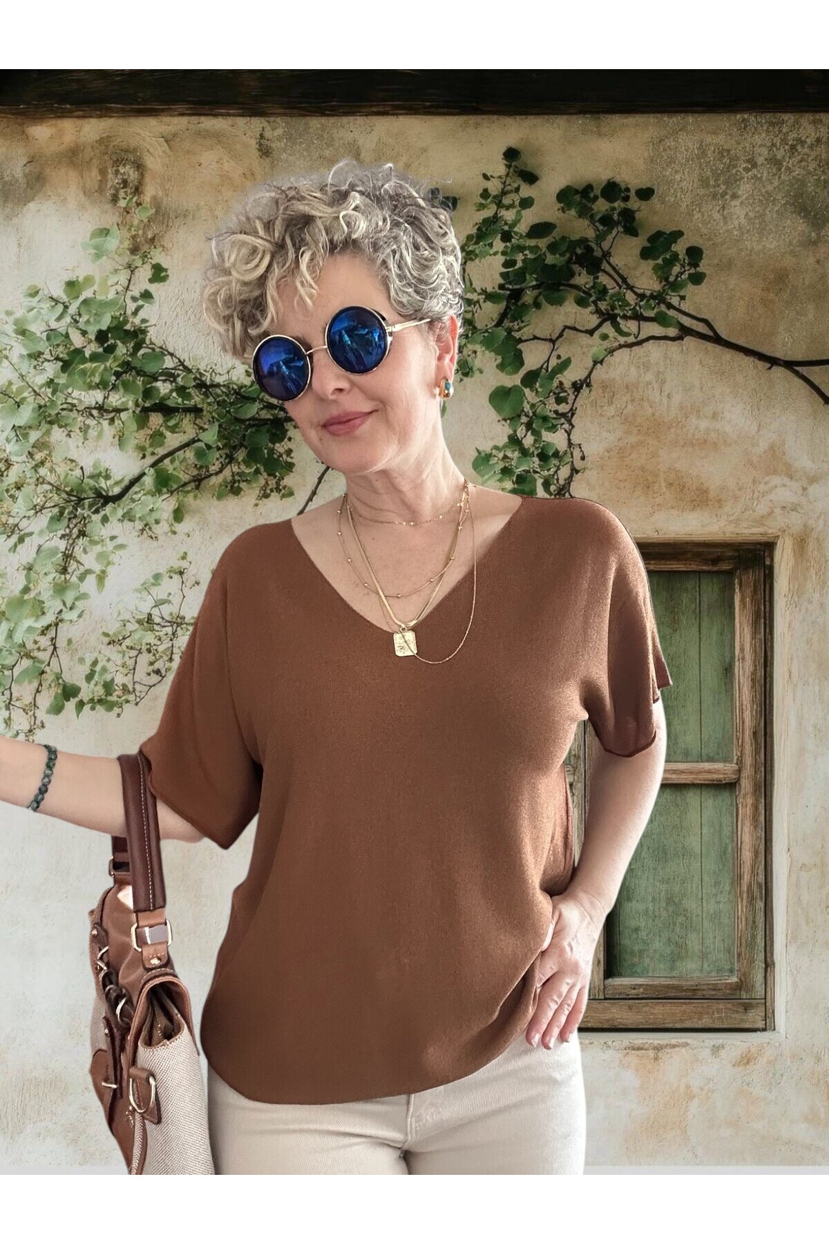 Sacci İtalyan Esintisi V Yaka Mevsimsiz Triko Bluz Tarçın