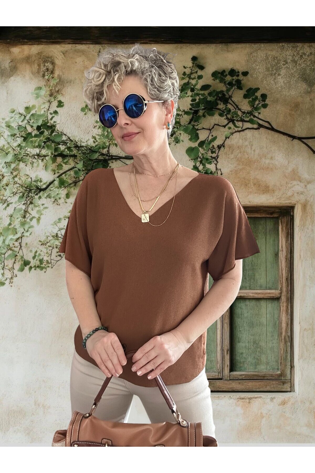 Sacci İtalyan Esintisi V Yaka Mevsimsiz Triko Bluz Tarçın