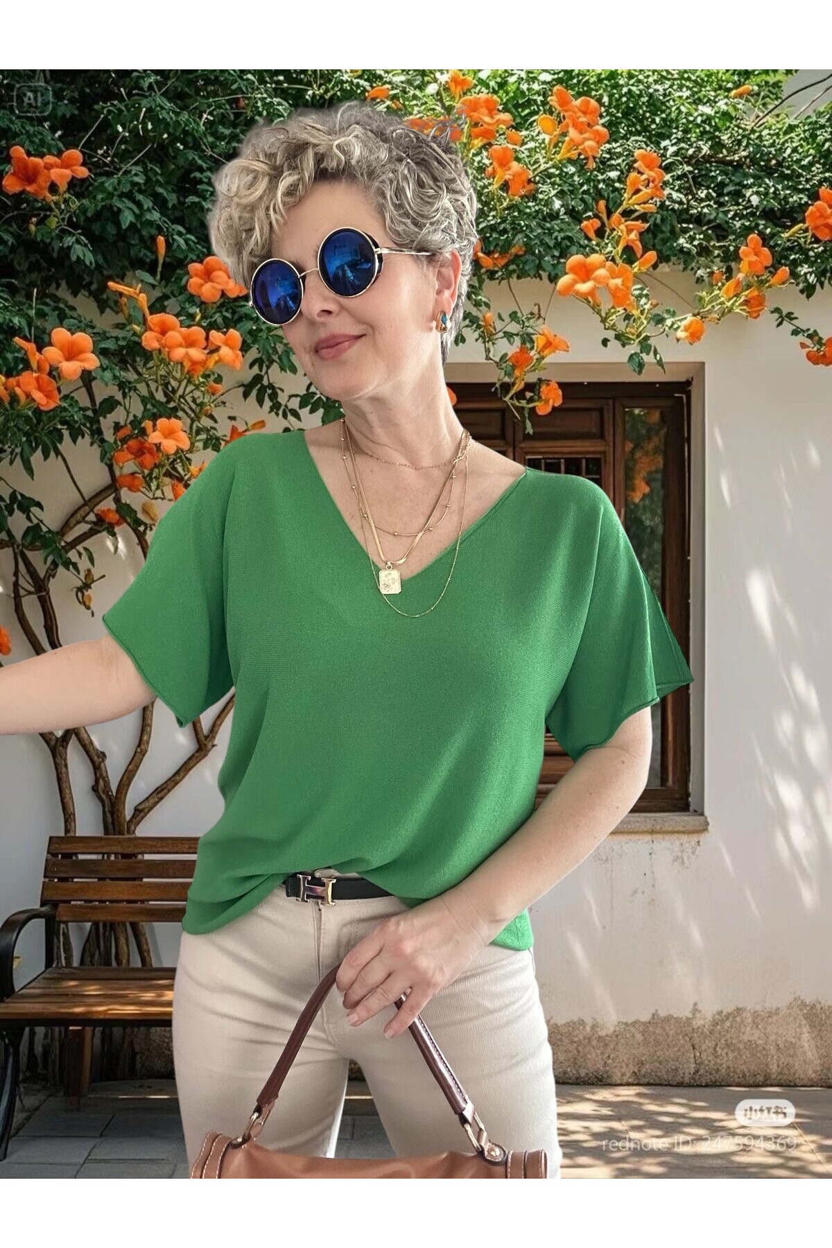 Sacci İtalyan Esintisi V Yaka Mevsimsiz Triko Bluz Yeşil