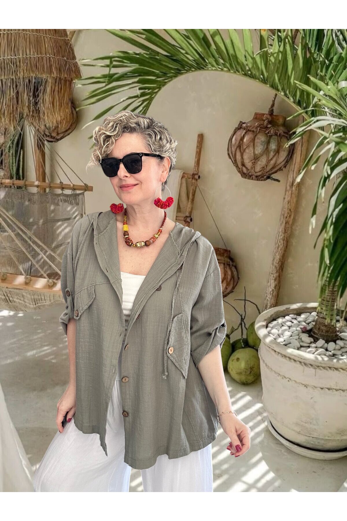 Selva Kapüşonlu Süs Cep Detaylı Tasarım Ceket Haki