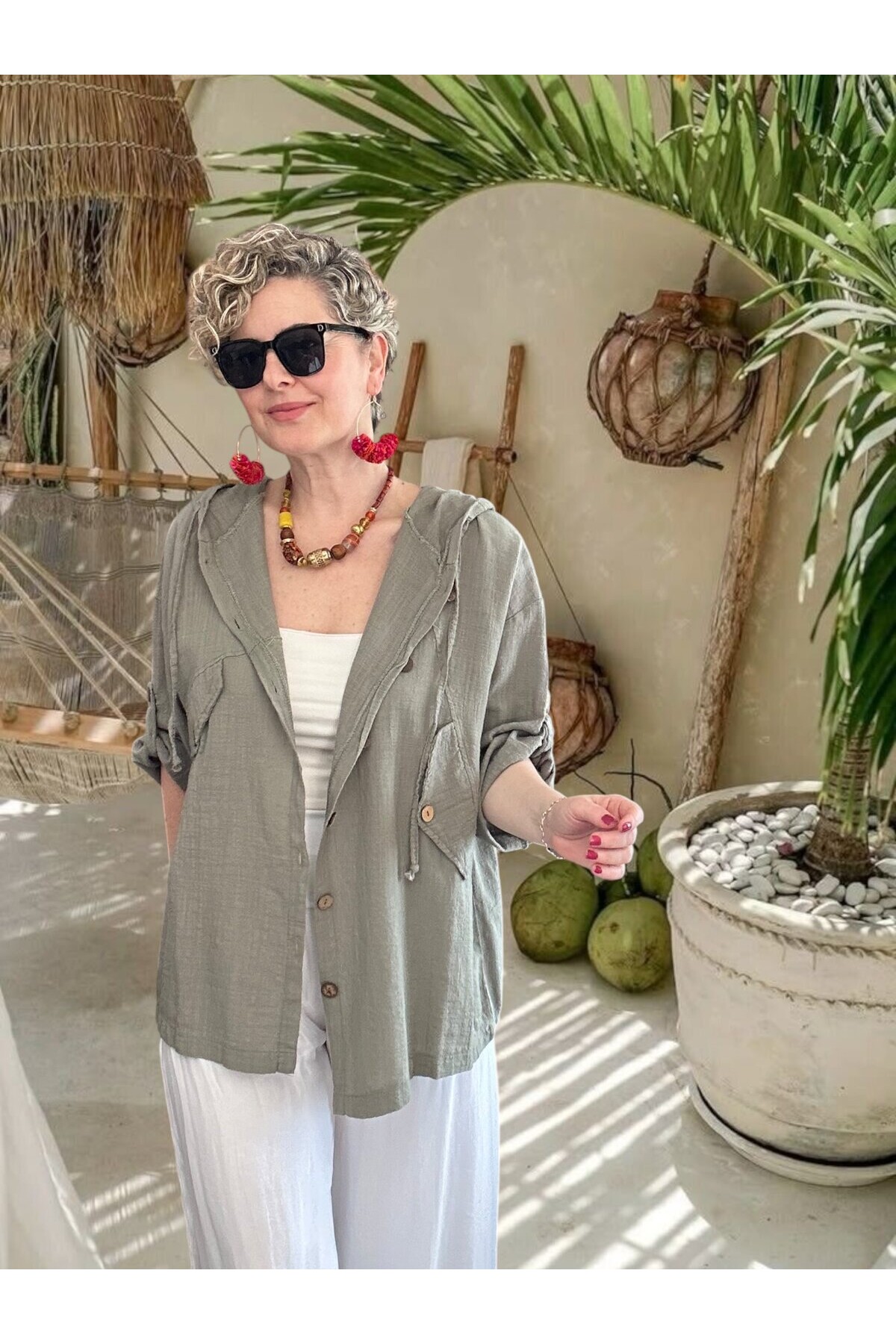 Selva Kapüşonlu Süs Cep Detaylı Tasarım Ceket Haki