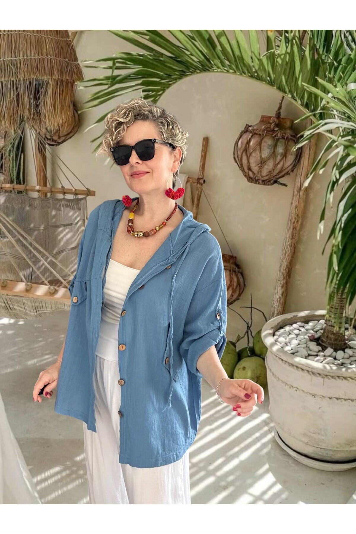 Selva Kapüşonlu Süs Cep Detaylı Tasarım Ceket İndigo