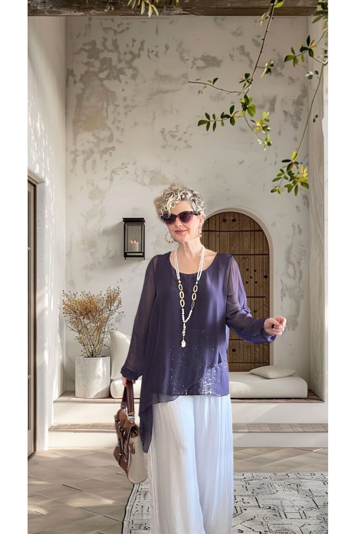 Sette Asimetrik Kesim Payetli İpek Kollu Premium Bluz Mürdüm