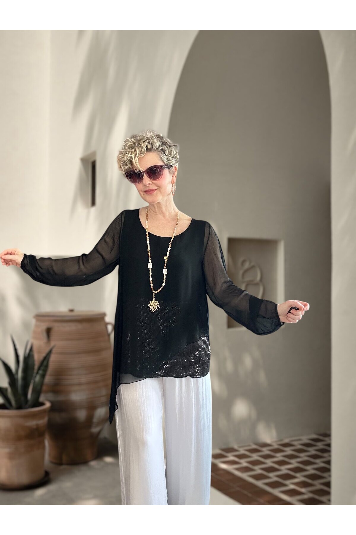 Sette Asimetrik Kesim Payetli İpek Kollu Premium Bluz Siyah