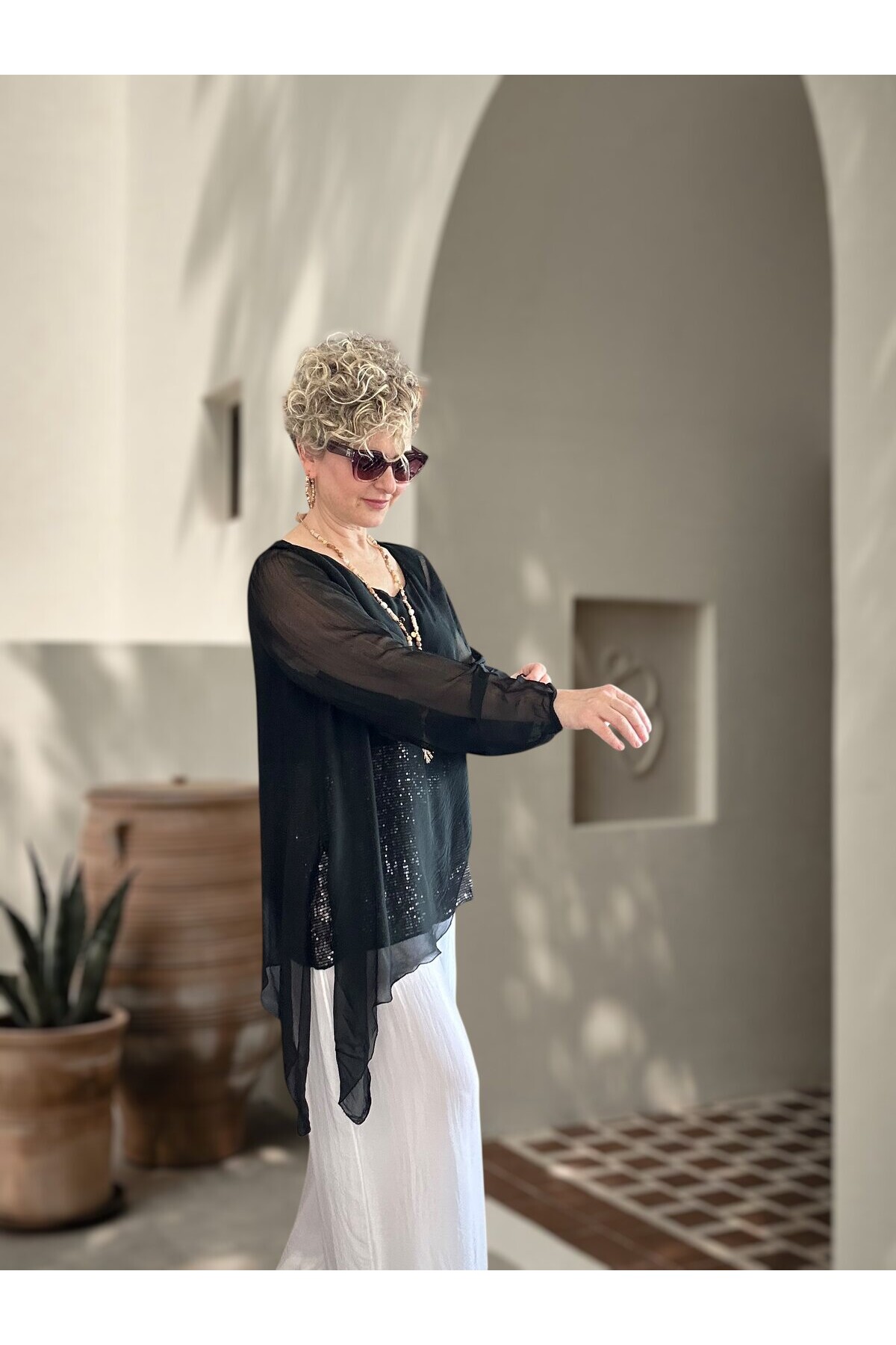 Sette Asimetrik Kesim Payetli İpek Kollu Premium Bluz Siyah