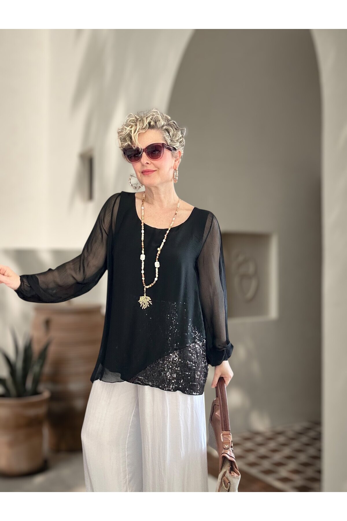 Sette Asimetrik Kesim Payetli İpek Kollu Premium Bluz Siyah