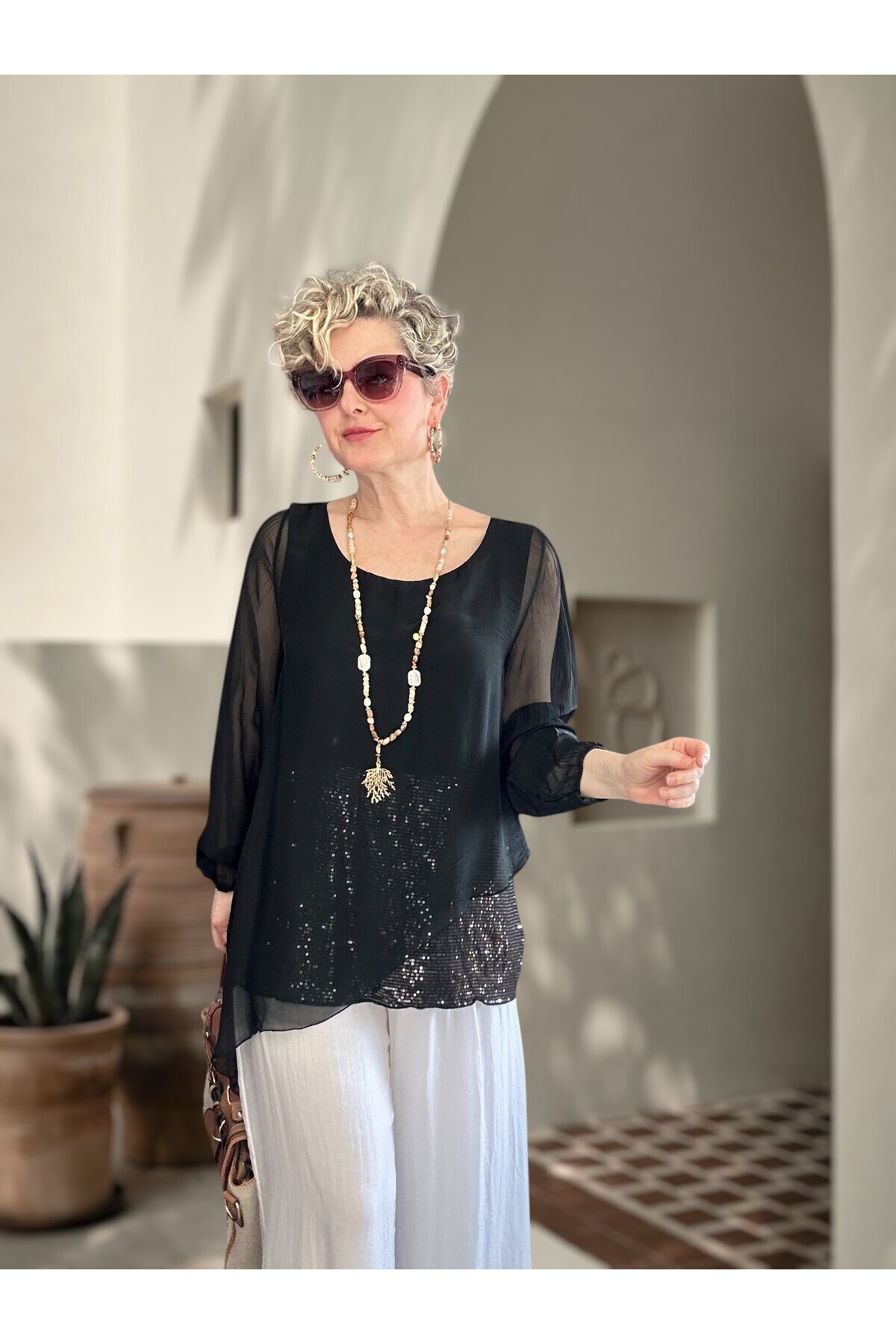 Sette Asimetrik Kesim Payetli İpek Kollu Premium Bluz Siyah