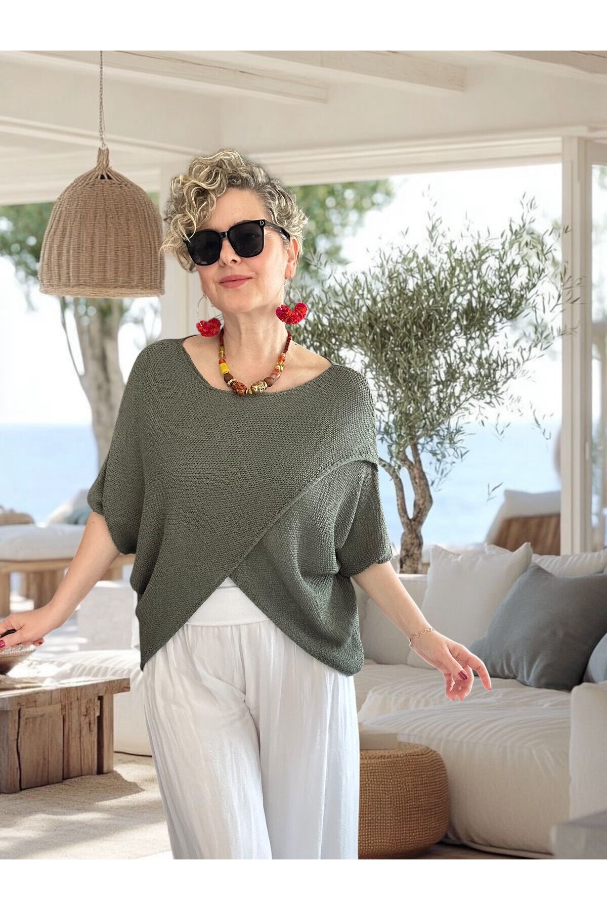 Sopra Çapraz Kesim Salaş Merserize Bluz Haki