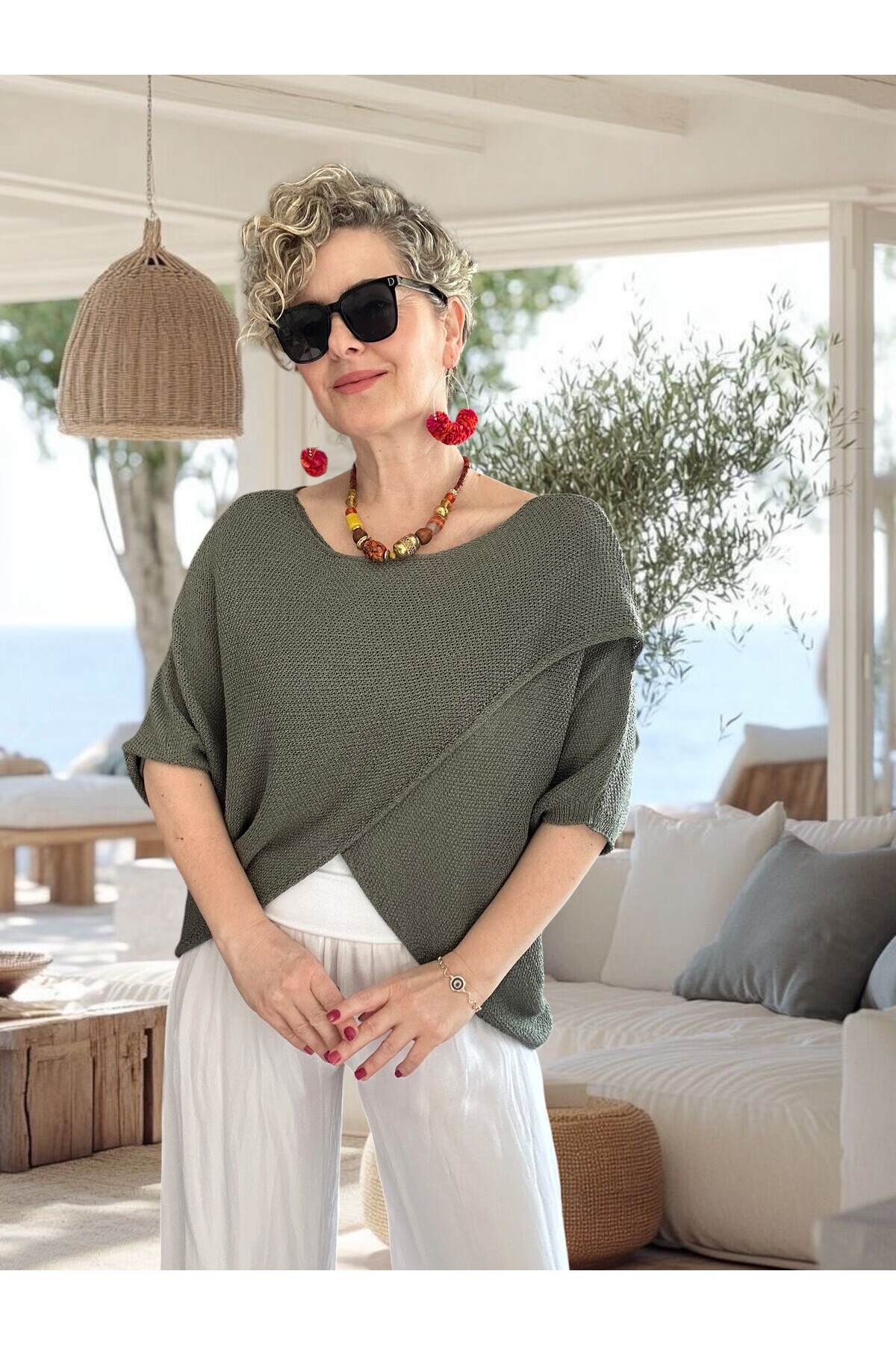 Sopra Çapraz Kesim Salaş Merserize Bluz Haki