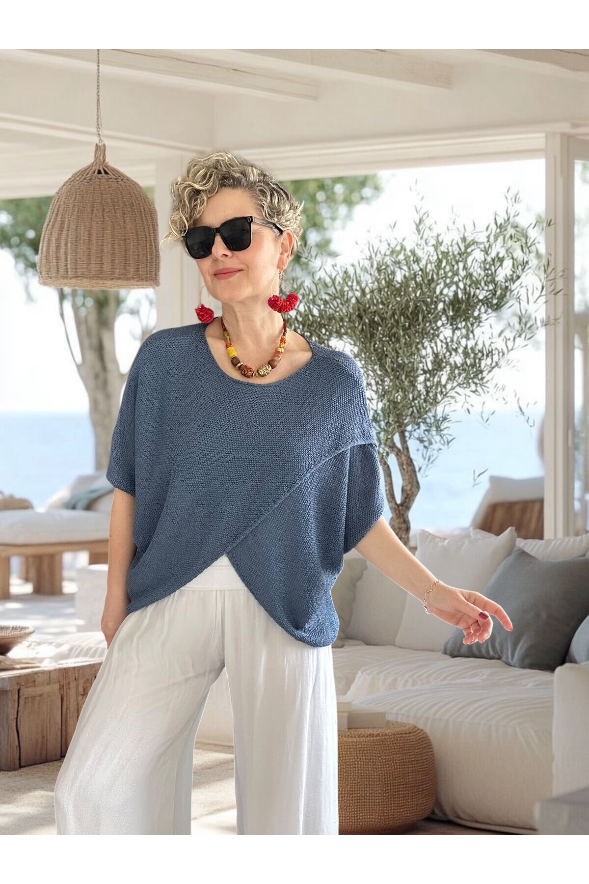 Sopra Çapraz Kesim Salaş Merserize Bluz İndigo