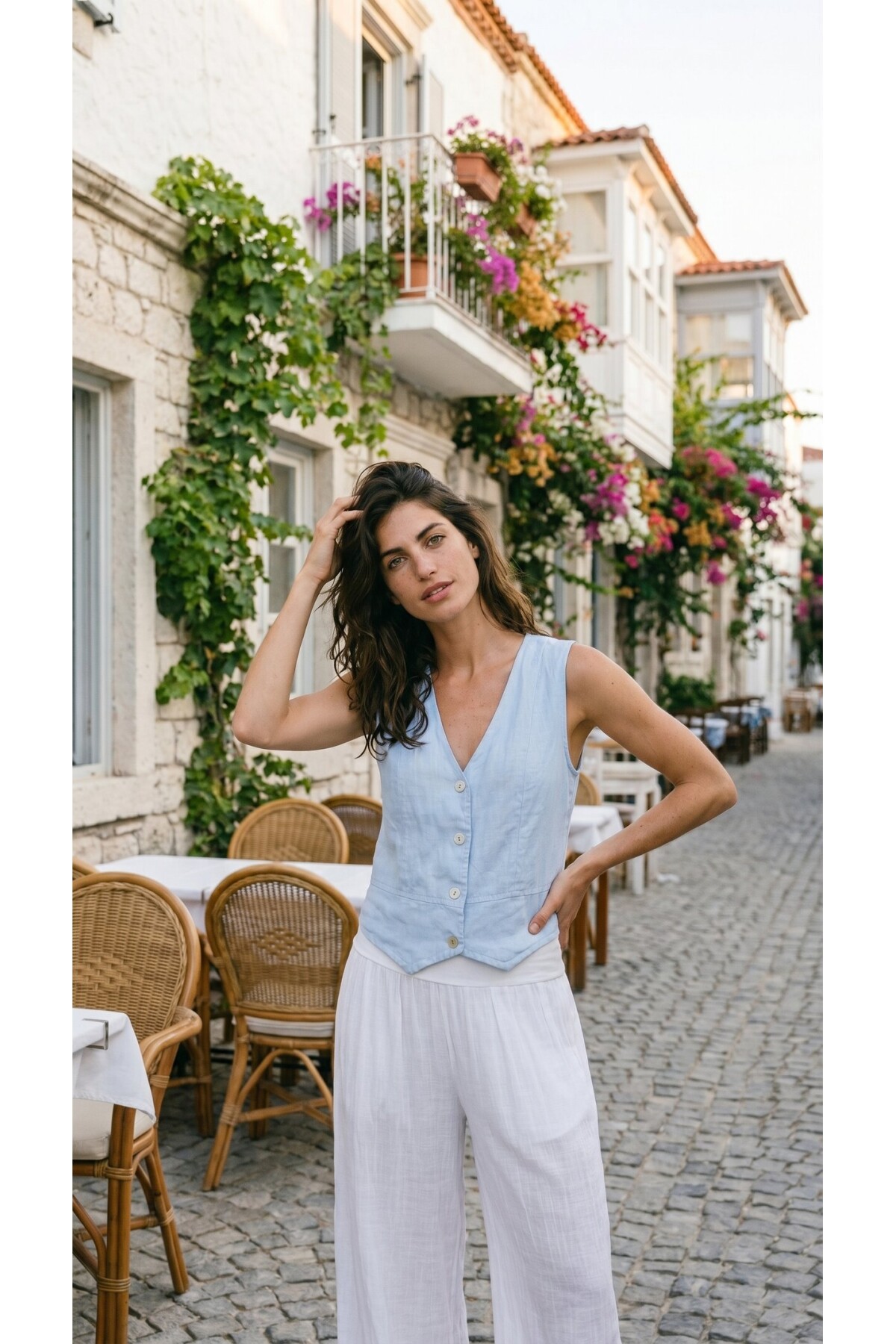 Terra %100 Linen Tasarım Düğmeli Yelek Bebe Mavi