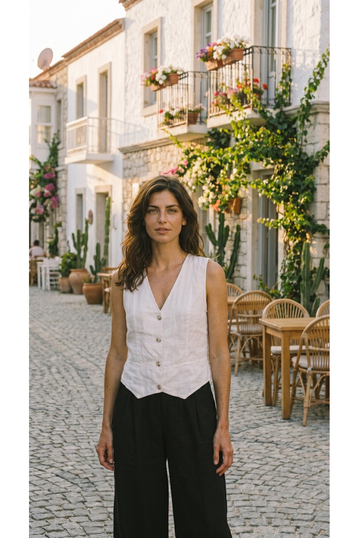 Terra %100 Linen Tasarım Düğmeli Yelek Beyaz