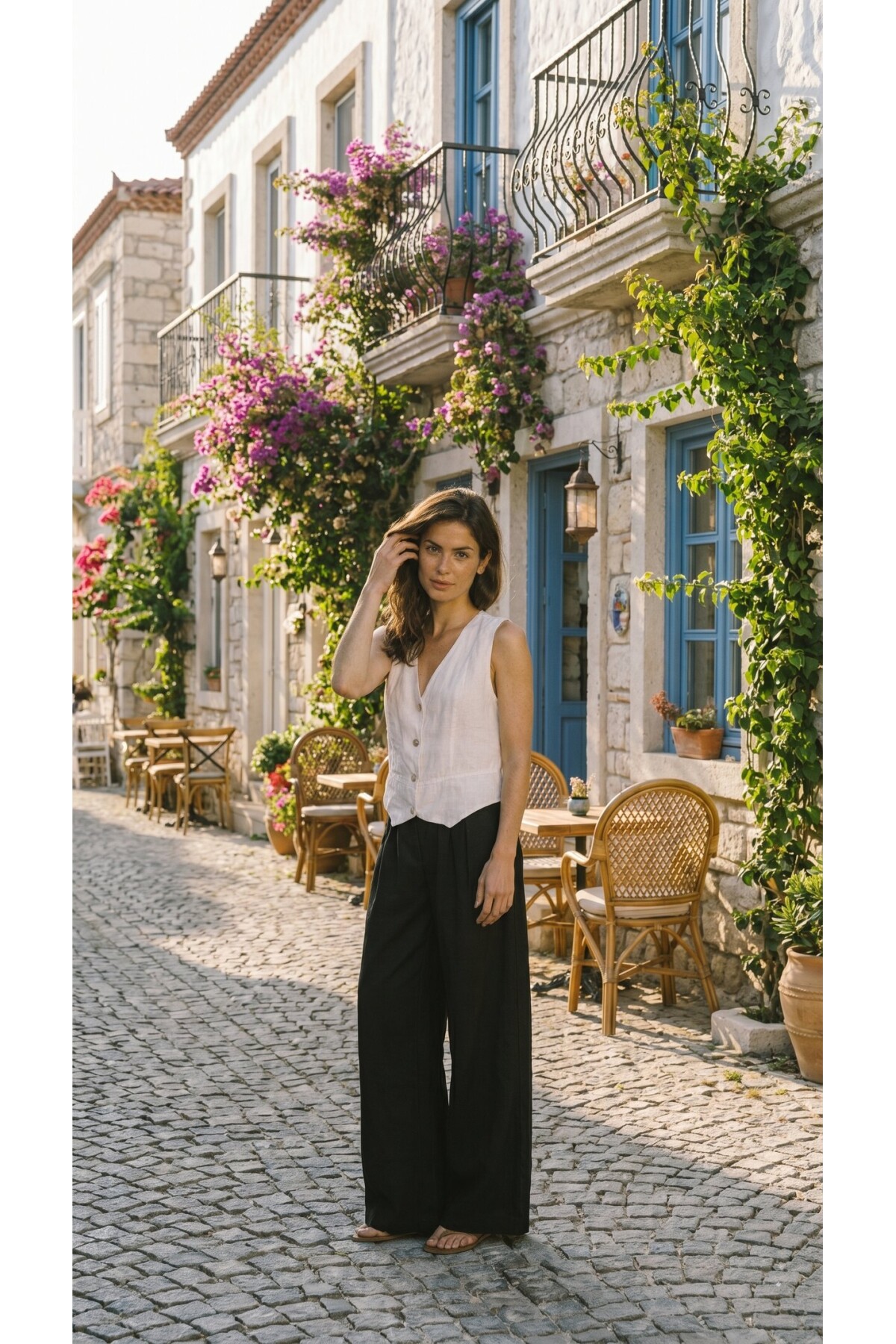 Terra %100 Linen Tasarım Düğmeli Yelek Beyaz