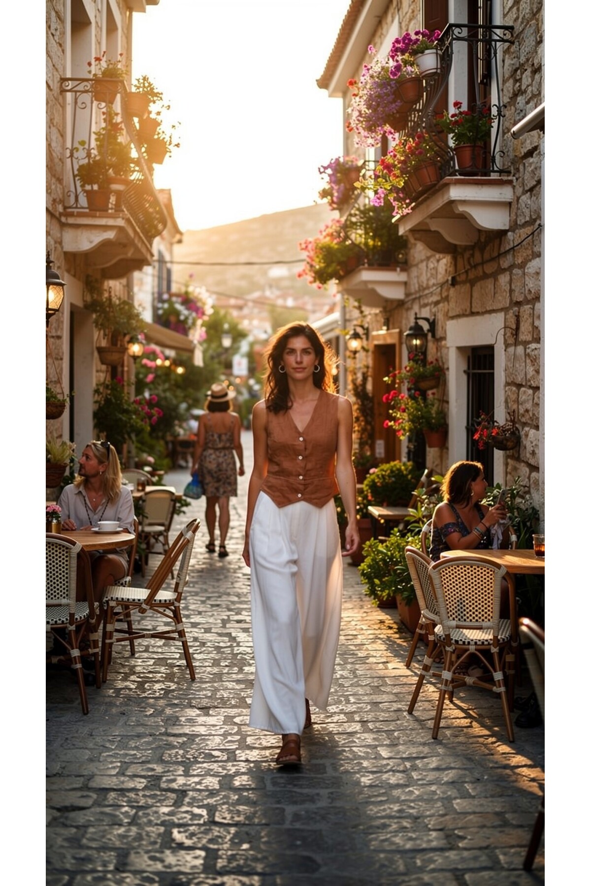 Terra %100 Linen Tasarım Düğmeli Yelek Camel