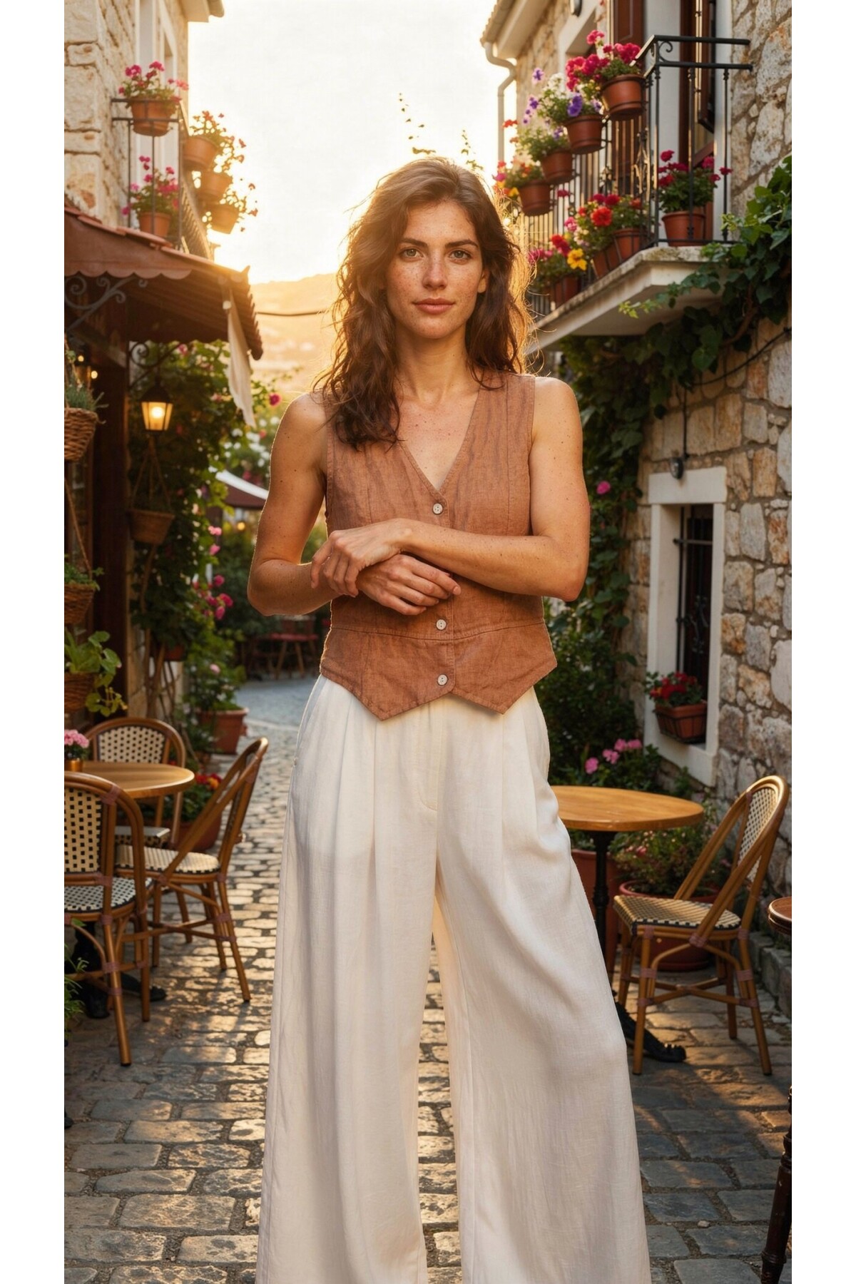 Terra %100 Linen Tasarım Düğmeli Yelek Camel