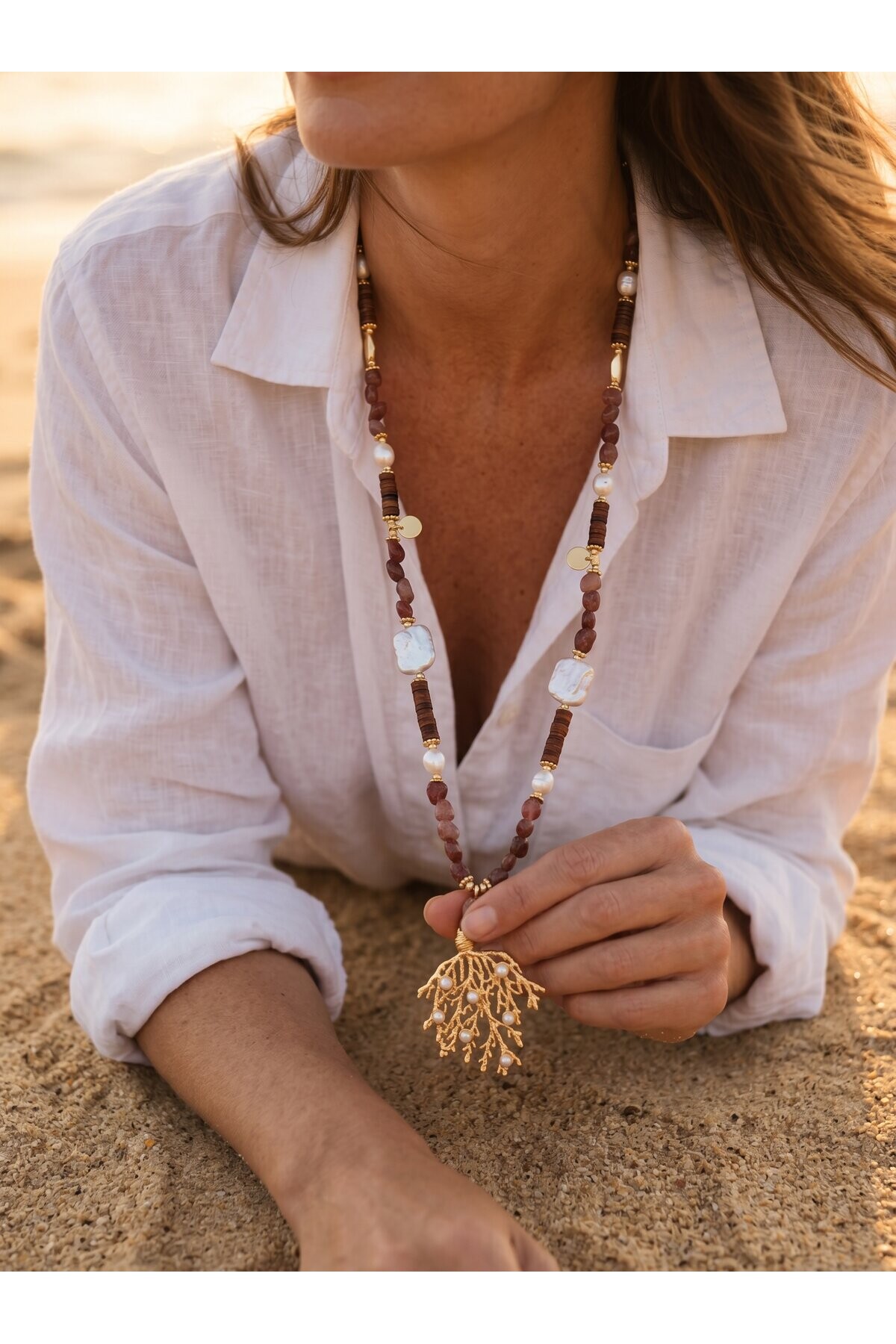 Gül Kuvars VIP Doğal Taş Kolye