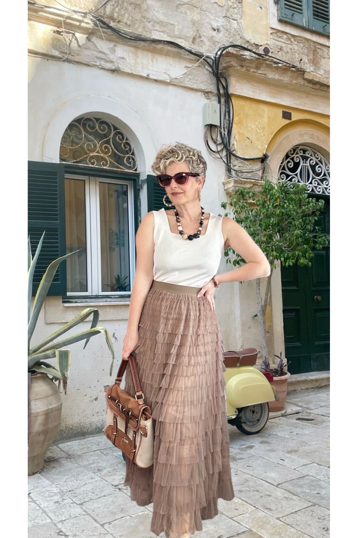 Urban İthal Tasarım Volanlı Tül Etek Vizon