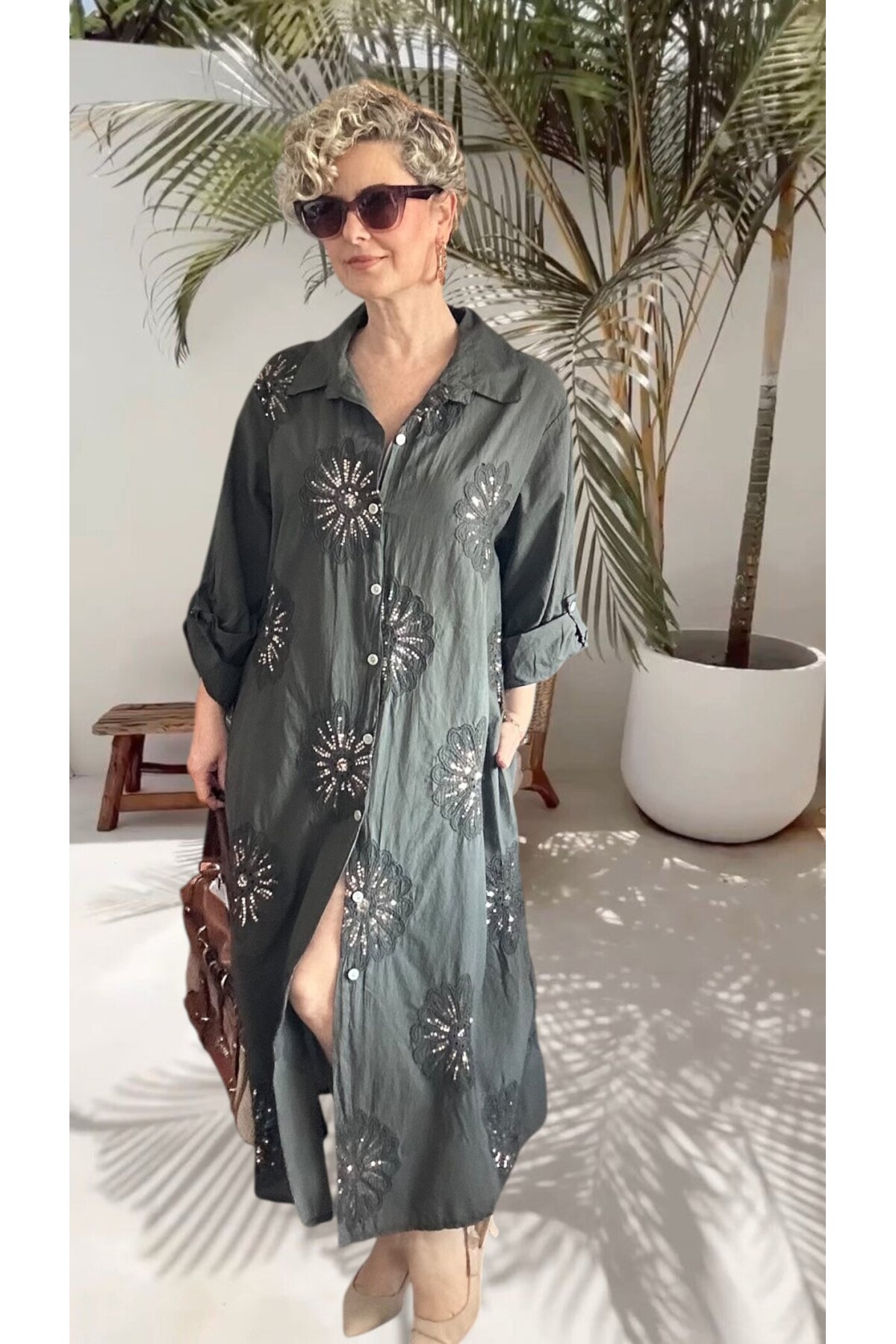 Vello İtalyan Pul Detaylı Gömlek  Elbise Kap Antrasit