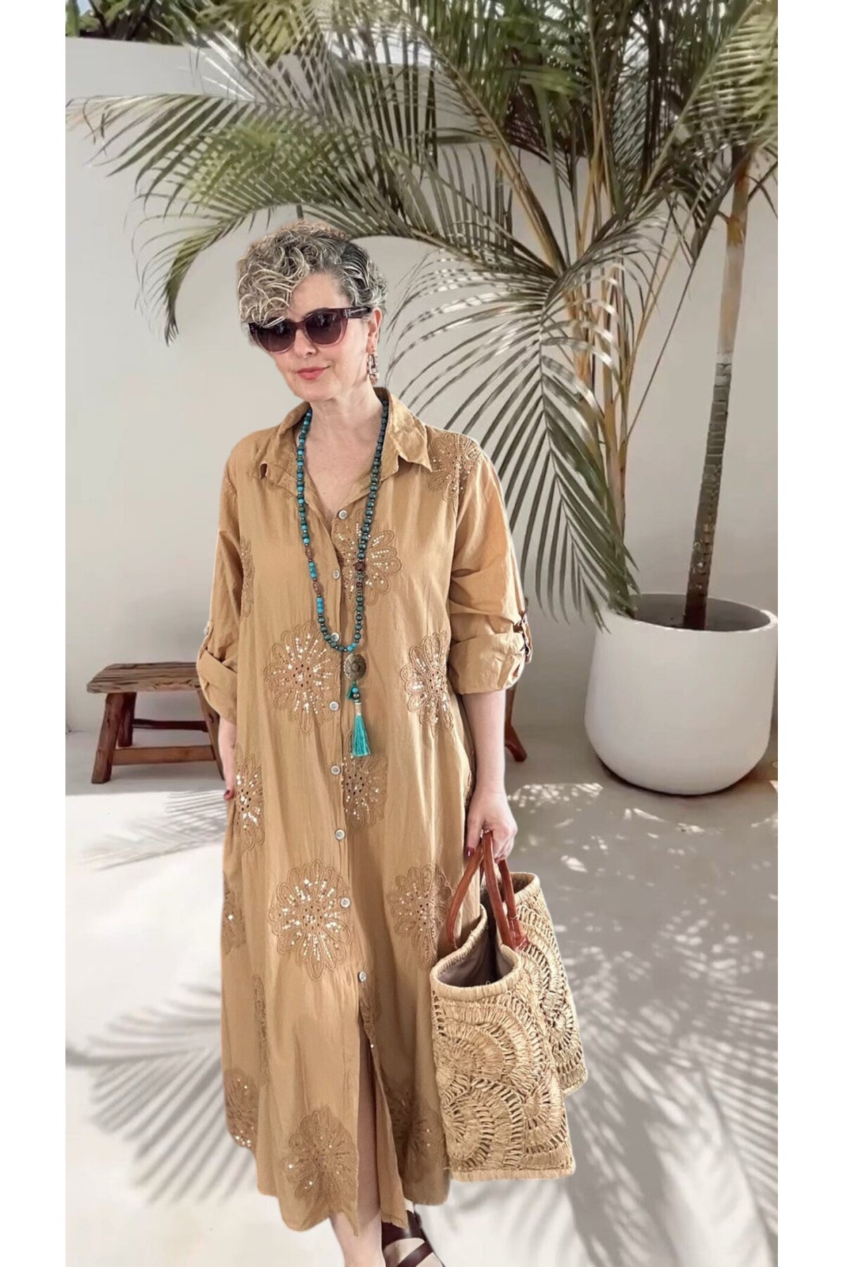 Vello İtalyan Pul Detaylı Gömlek  Elbise Kap Camel