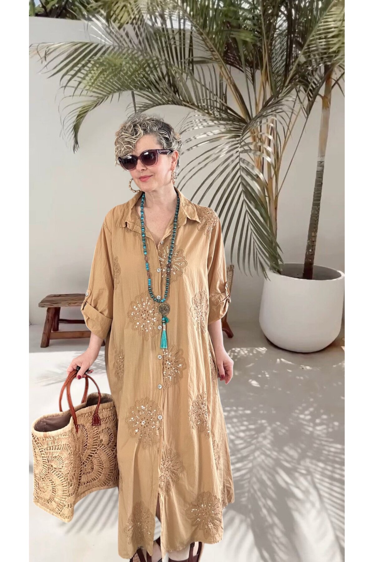 Vello İtalyan Pul Detaylı Gömlek  Elbise Kap Camel