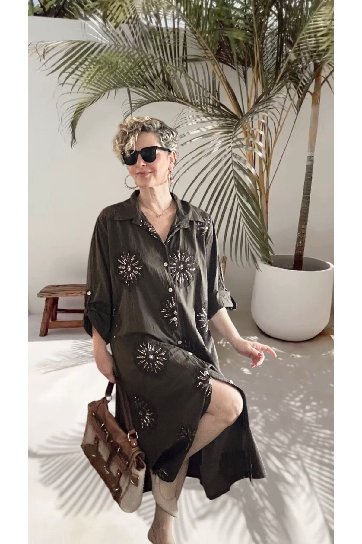 Vello İtalyan Pul Detaylı Gömlek  Elbise Kap Kahve