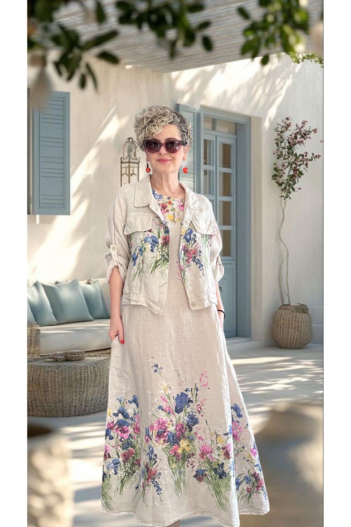 Venno | İthal %100 Linen Ceket & Kolsuz Elbise Takımı Bej