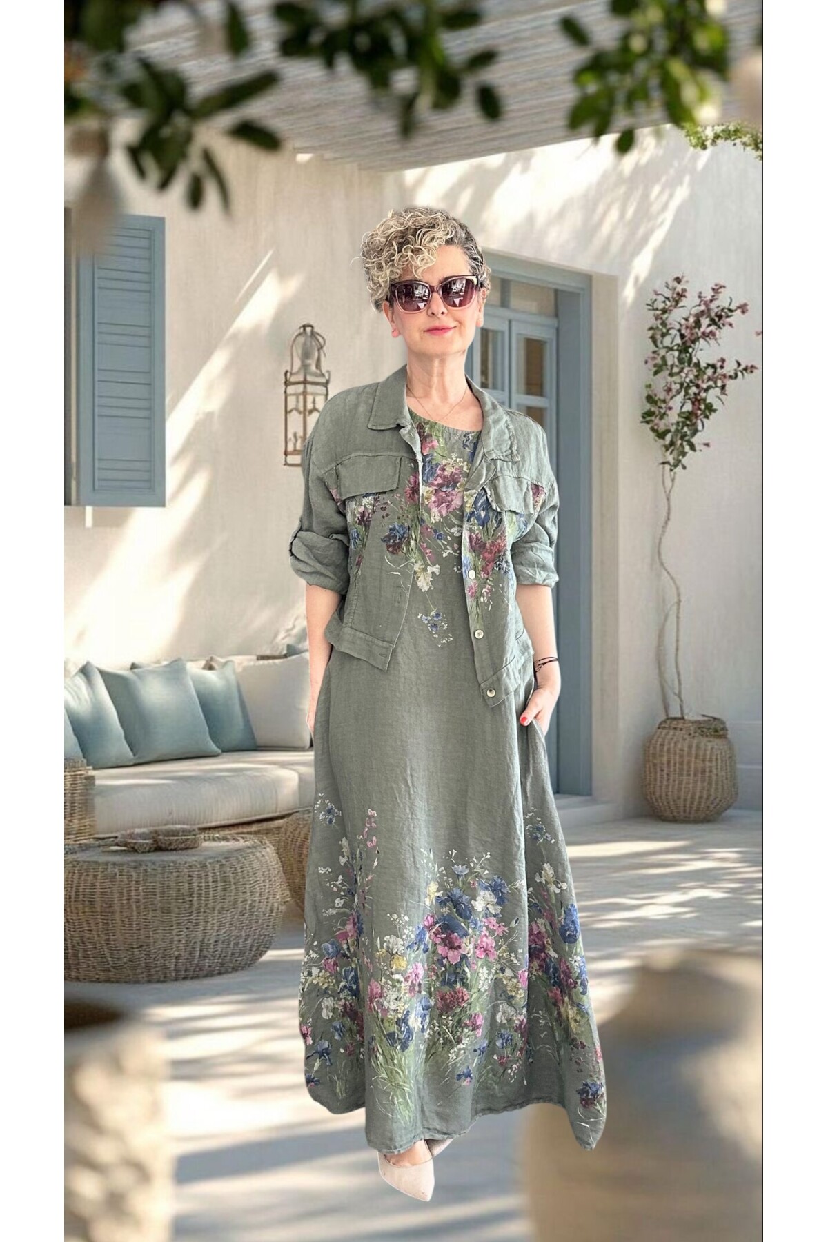 Venno | İthal %100 Linen Ceket & Kolsuz Elbise Takımı Haki