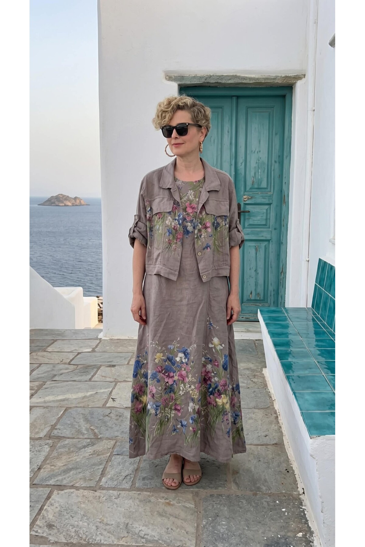 Venno | İthal %100 Linen Ceket & Kolsuz Elbise Takımı Vizon