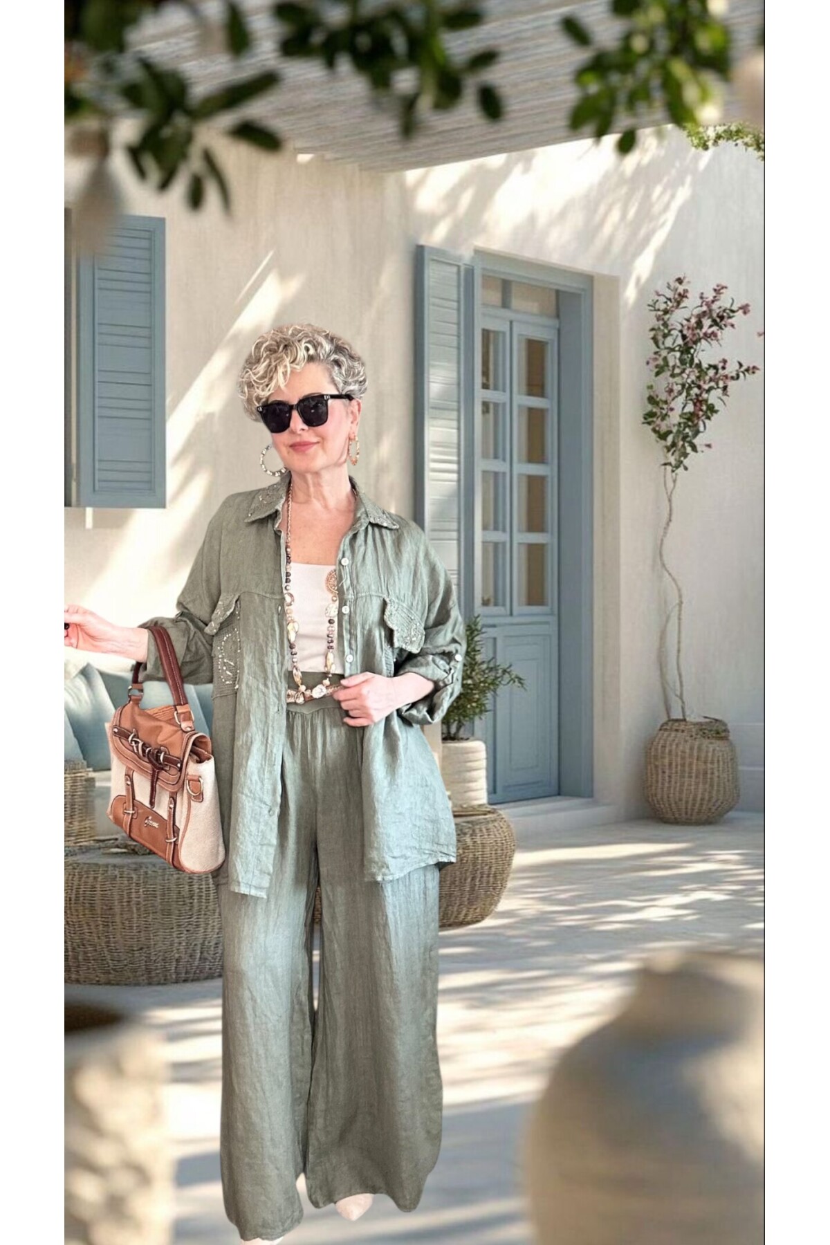 Verda İtalyan File Detaylı Payet İşlemeli Keten Takım Haki