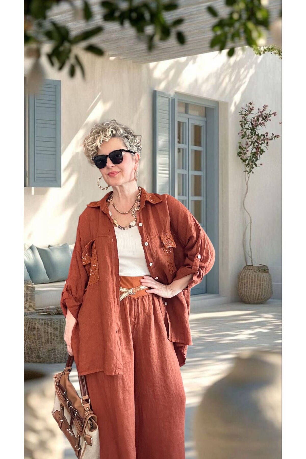 Verda İtalyan File Detaylı Payet İşlemeli Keten Takım Kiremit