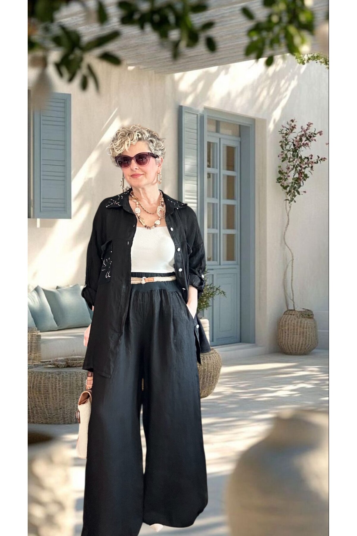 Verda İtalyan File Detaylı Payet İşlemeli Keten Takım Siyah