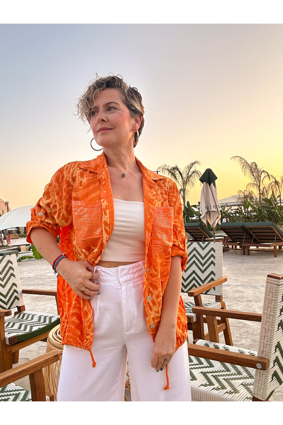 Vespa Cep Pul Detaylı Desenli Tasarım Gömlek Arancio