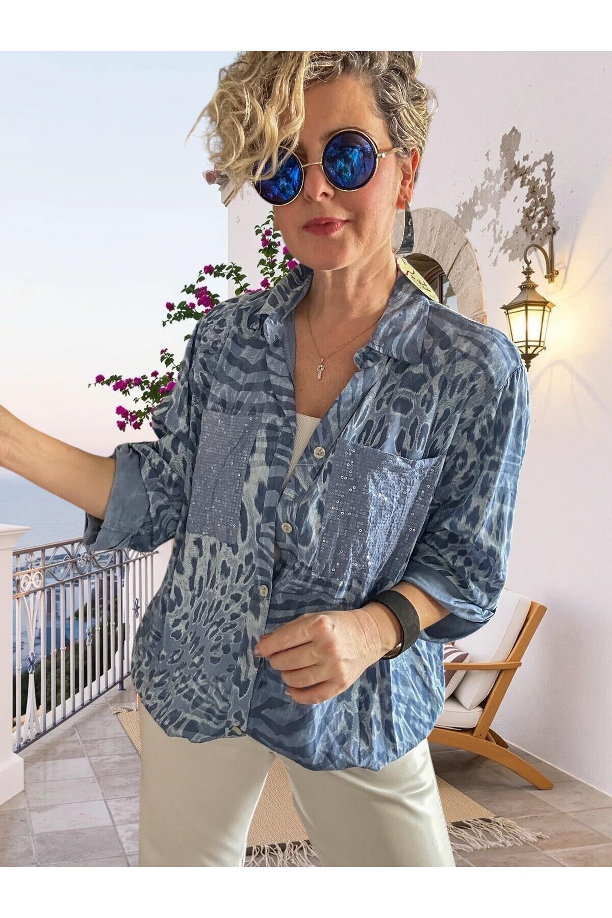 Vespa Cep Pul Detaylı Desenli Tasarım Gömlek Jeans Mavi