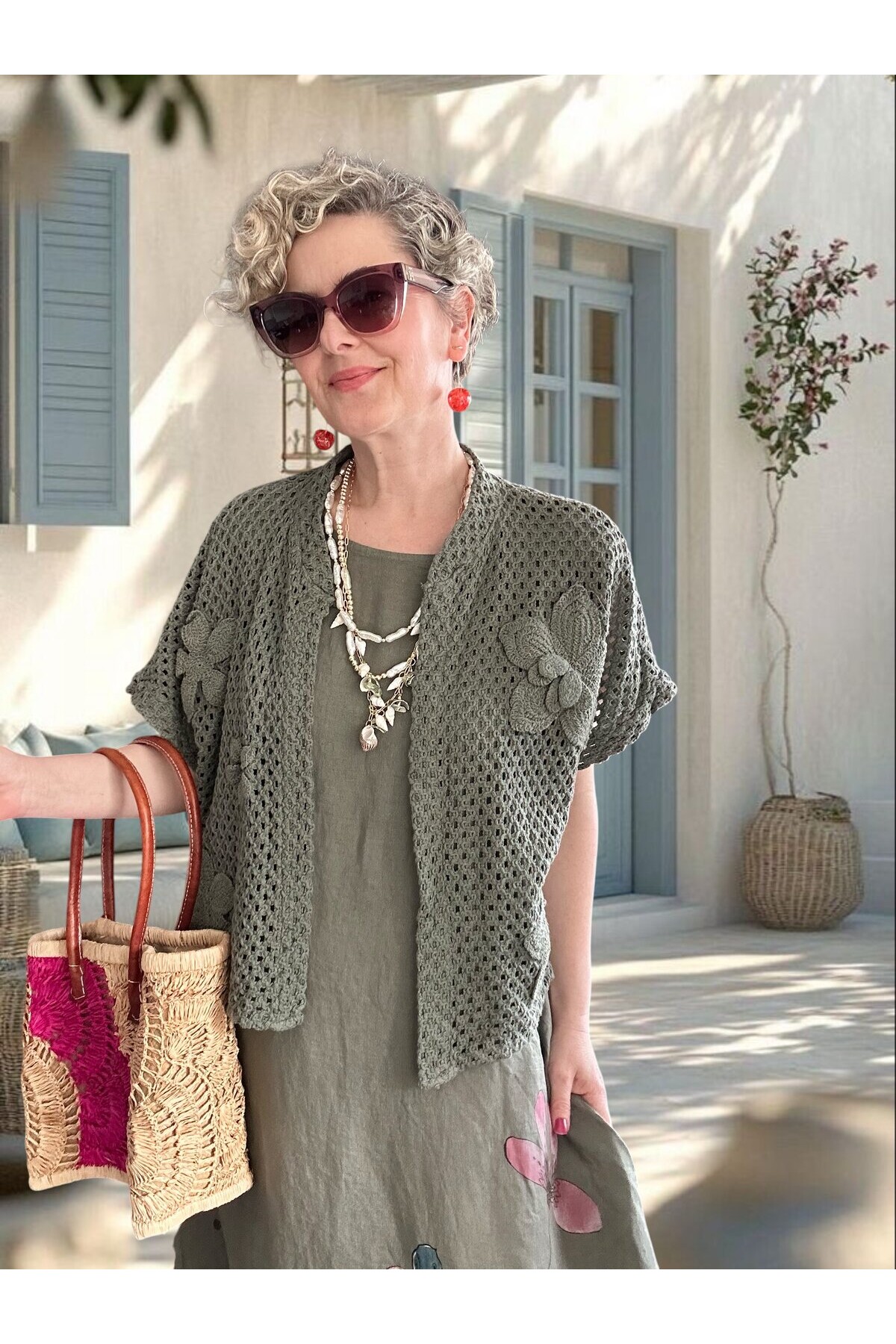 Villa İthal %100 Keten Elbise & Örgü Hırka Takım Haki