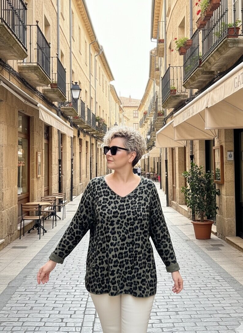 Virgin İtalyan V Yaka Desenli Triko Haki