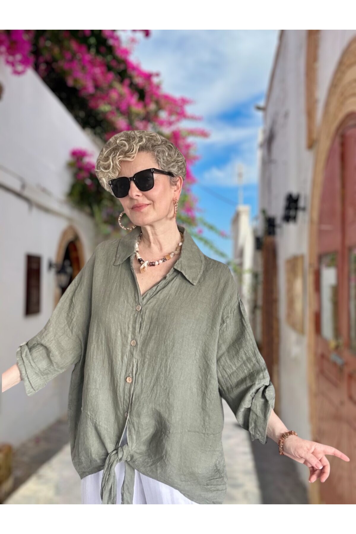 Viva Önü Bağlamalı İtalyan Kesim Linen Gömlek Haki