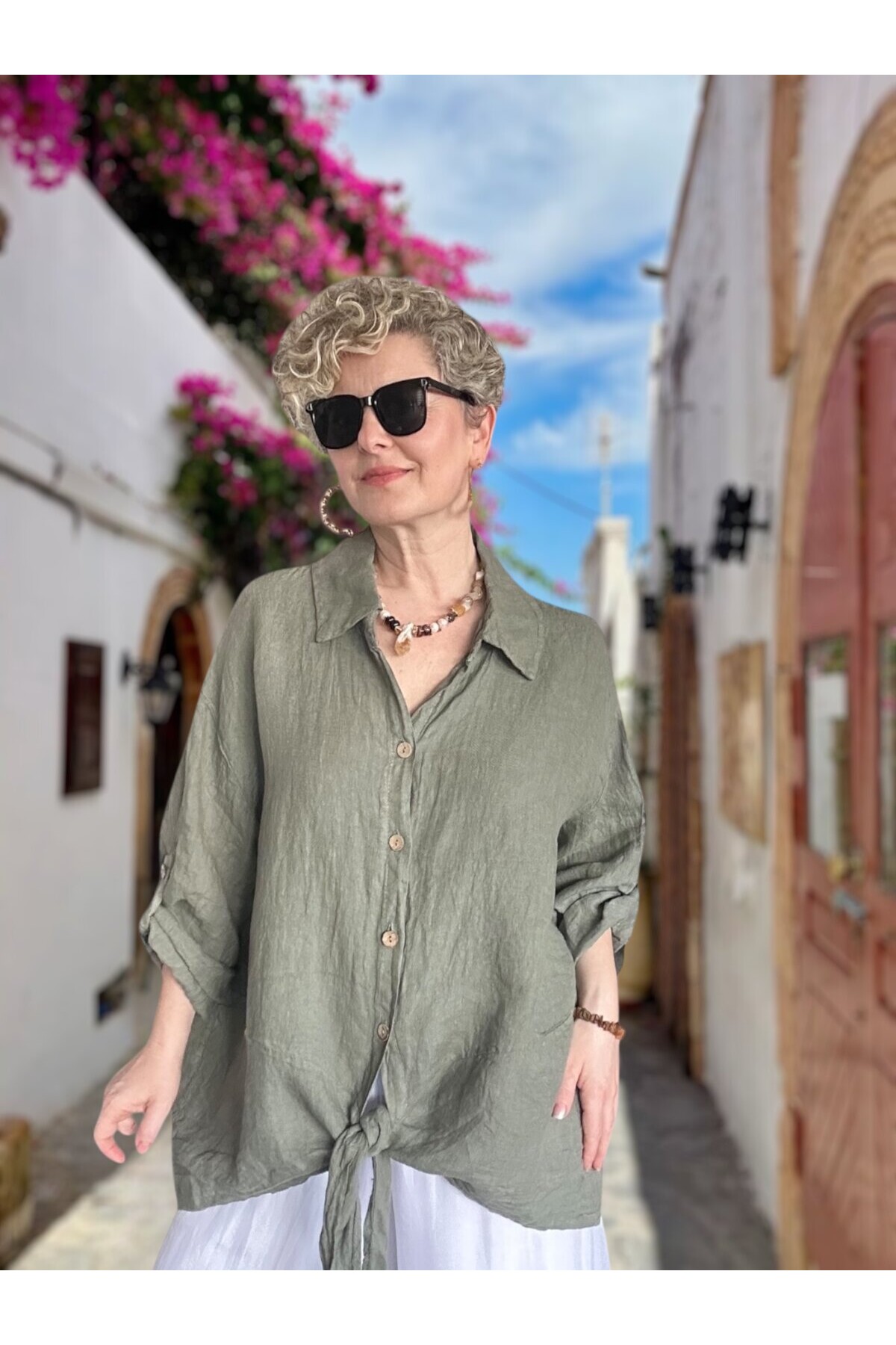 Viva Önü Bağlamalı İtalyan Kesim Linen Gömlek Haki