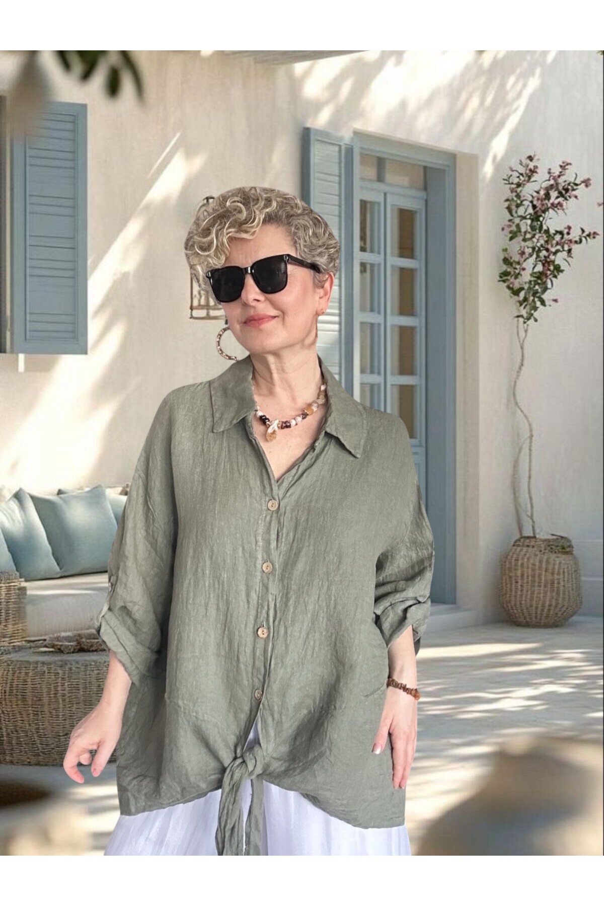 Viva Önü Bağlamalı İtalyan Kesim Linen Gömlek Haki