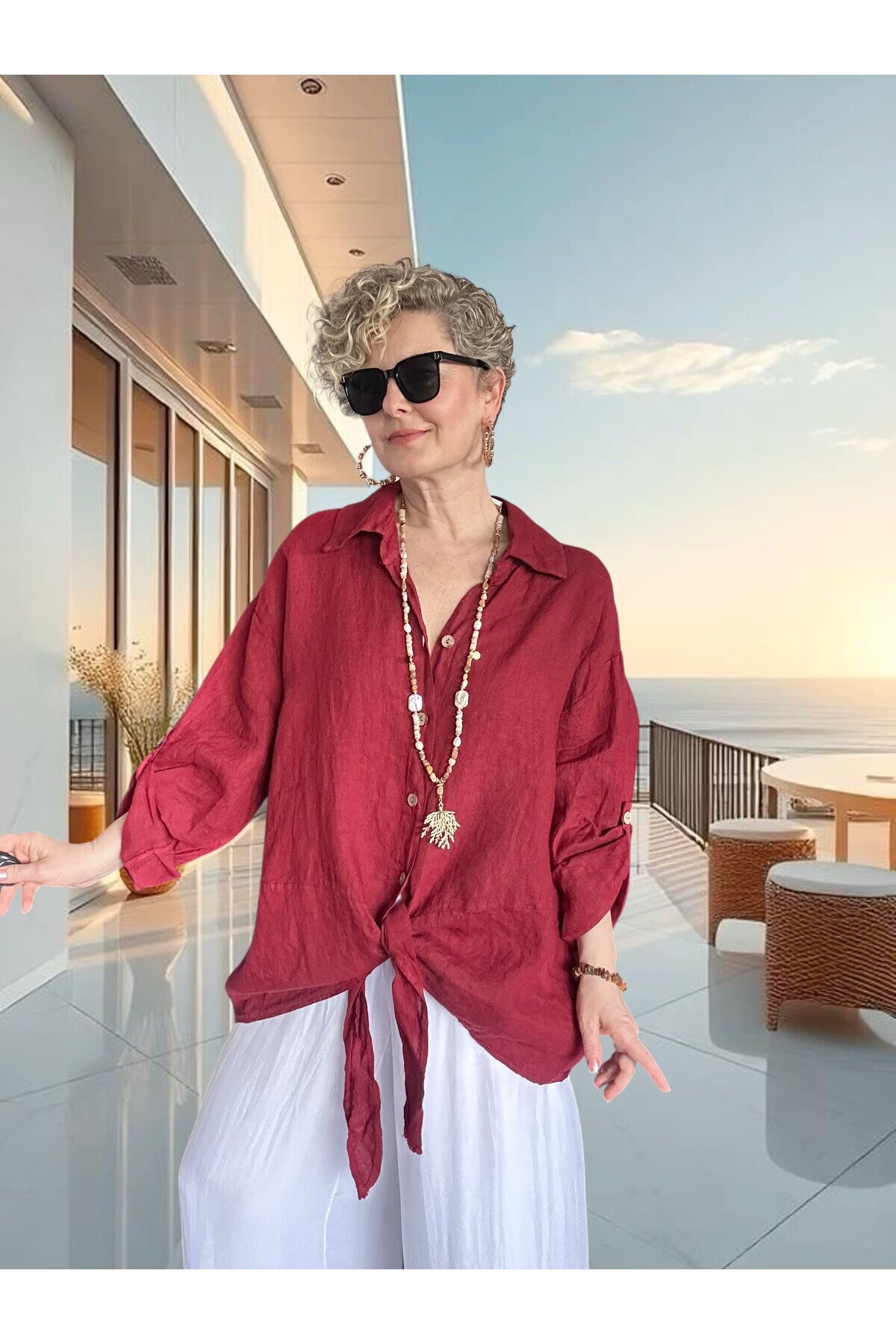 Viva Önü Bağlamalı İtalyan Kesim Linen Gömlek İndian Red