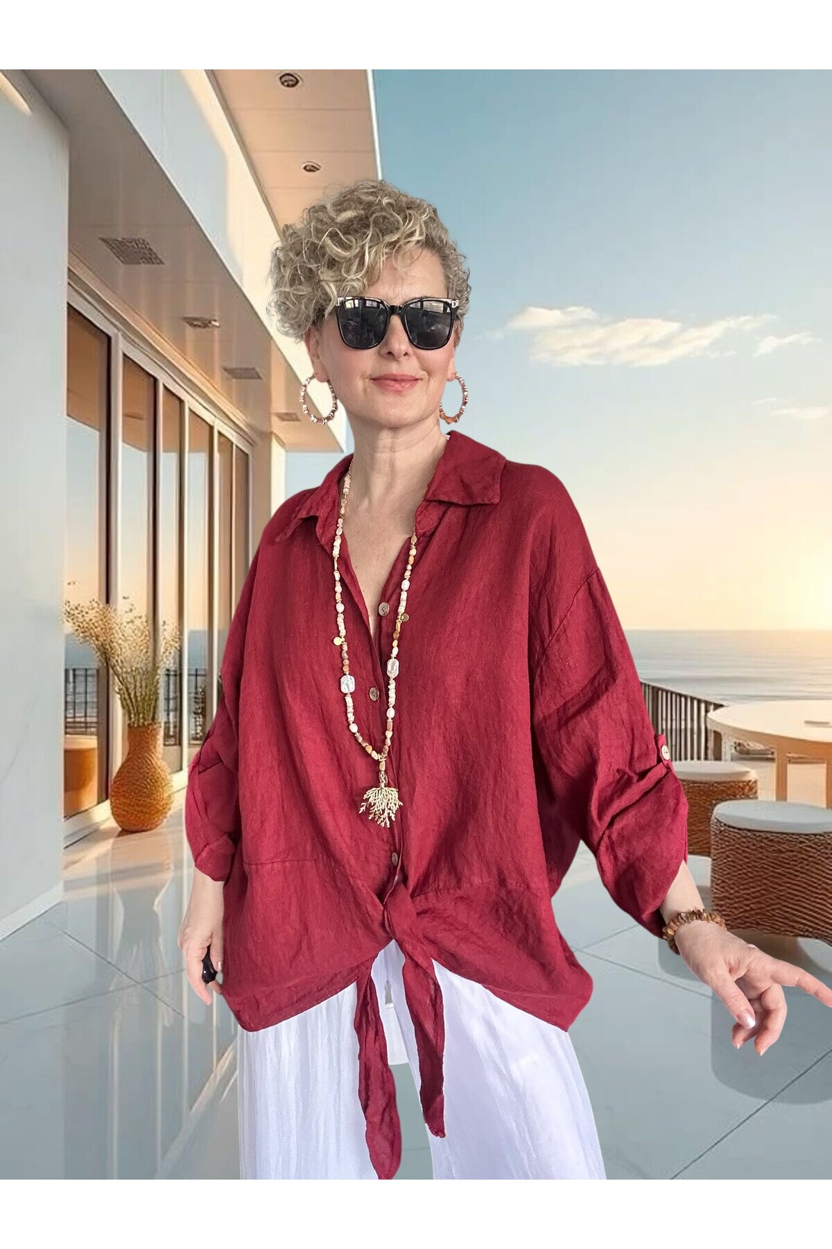 Viva Önü Bağlamalı İtalyan Kesim Linen Gömlek İndian Red