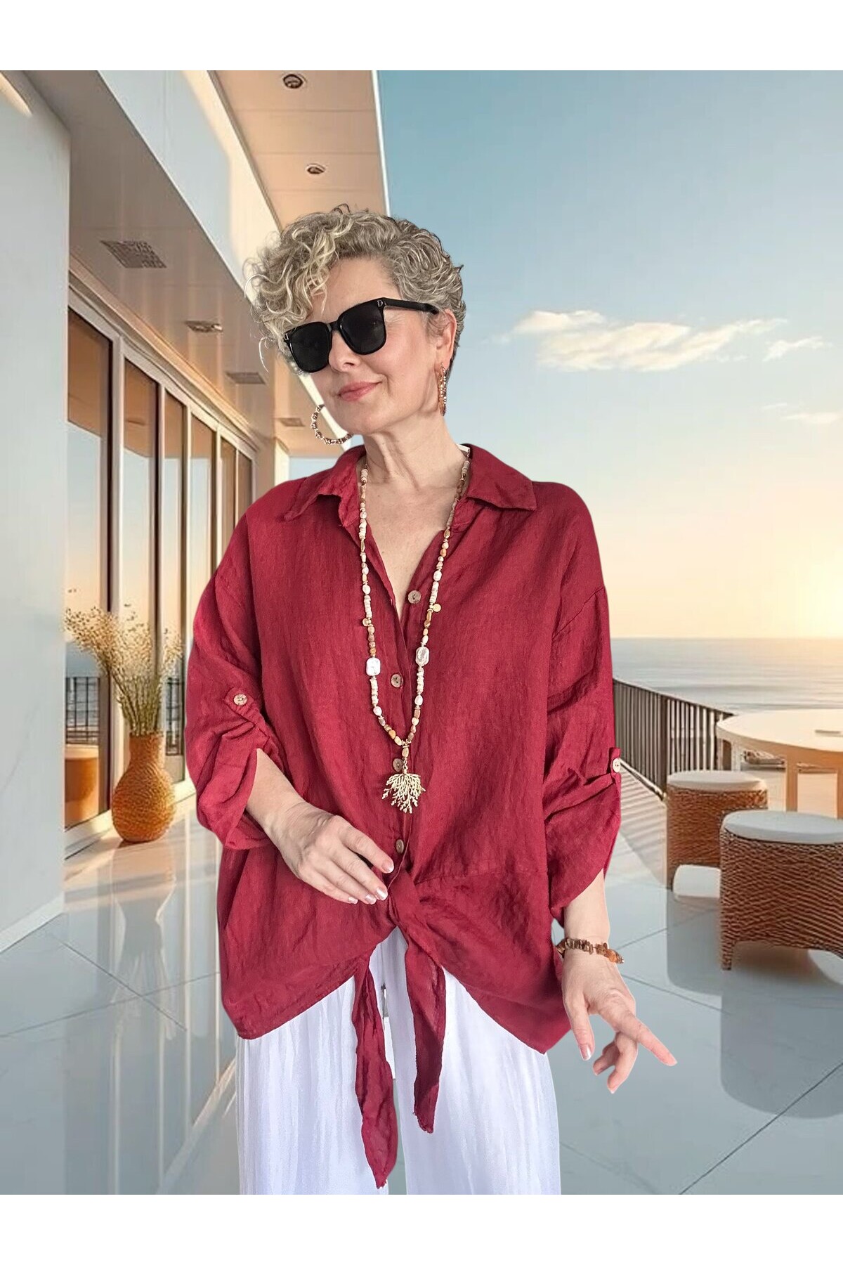 Viva Önü Bağlamalı İtalyan Kesim Linen Gömlek İndian Red