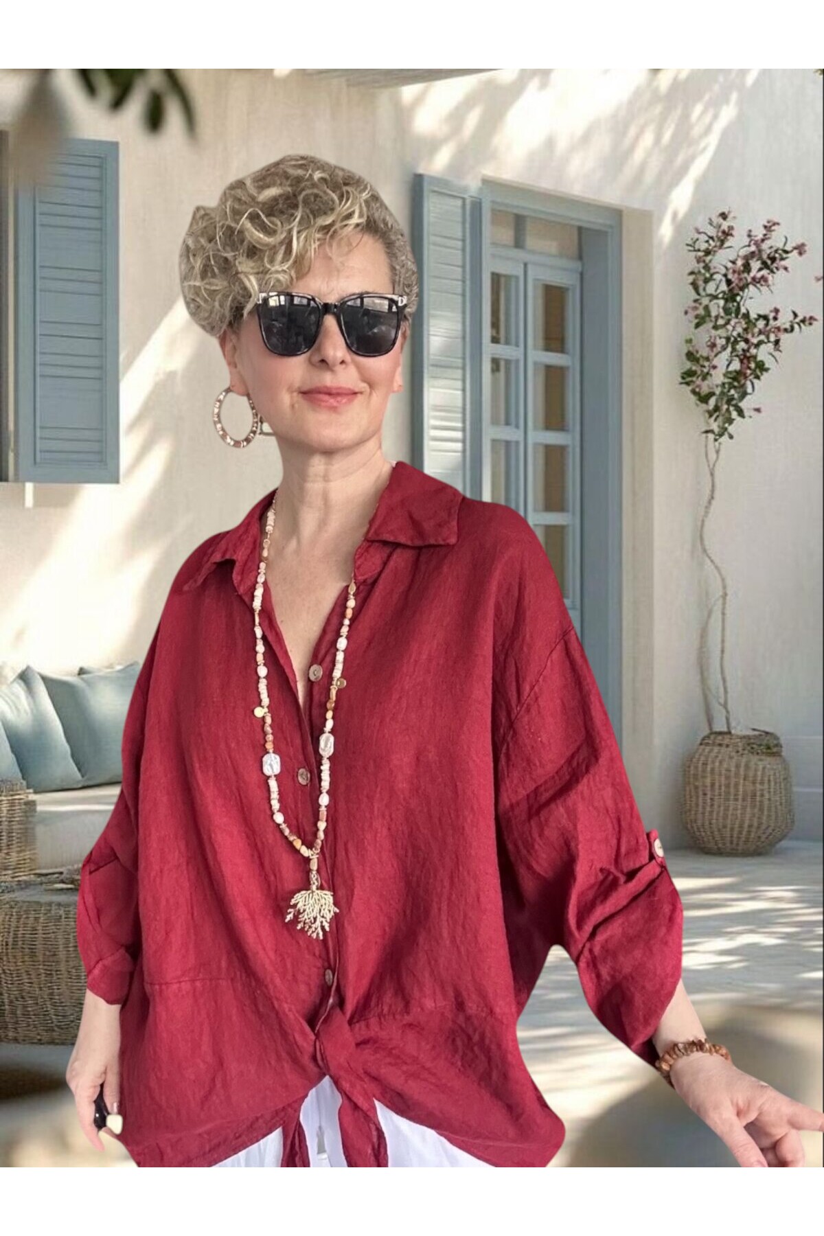 Viva Önü Bağlamalı İtalyan Kesim Linen Gömlek İndian Red